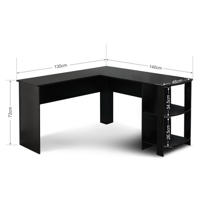 Black L-shaped Computer Corner Desk, with 2 Storage Shelves