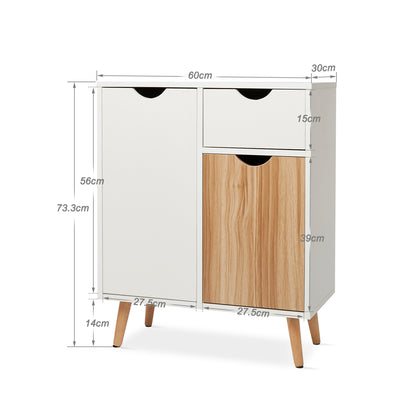 Modern Storage Cabinet, White and Oak Color Matching, 2 Doors and Single Drawer