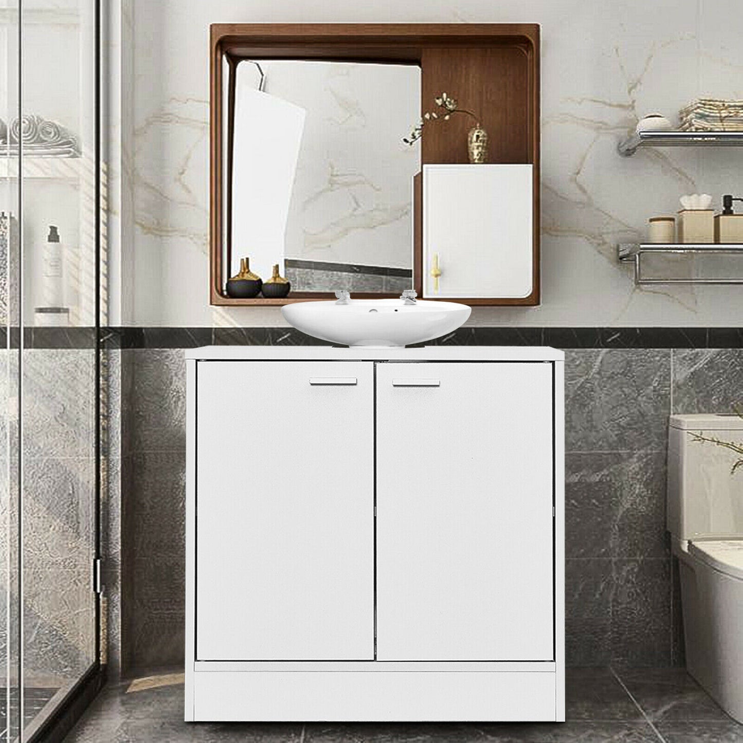 Bathroom Under Sink Cabinet, White Color, Storage Unit with 2 Doors